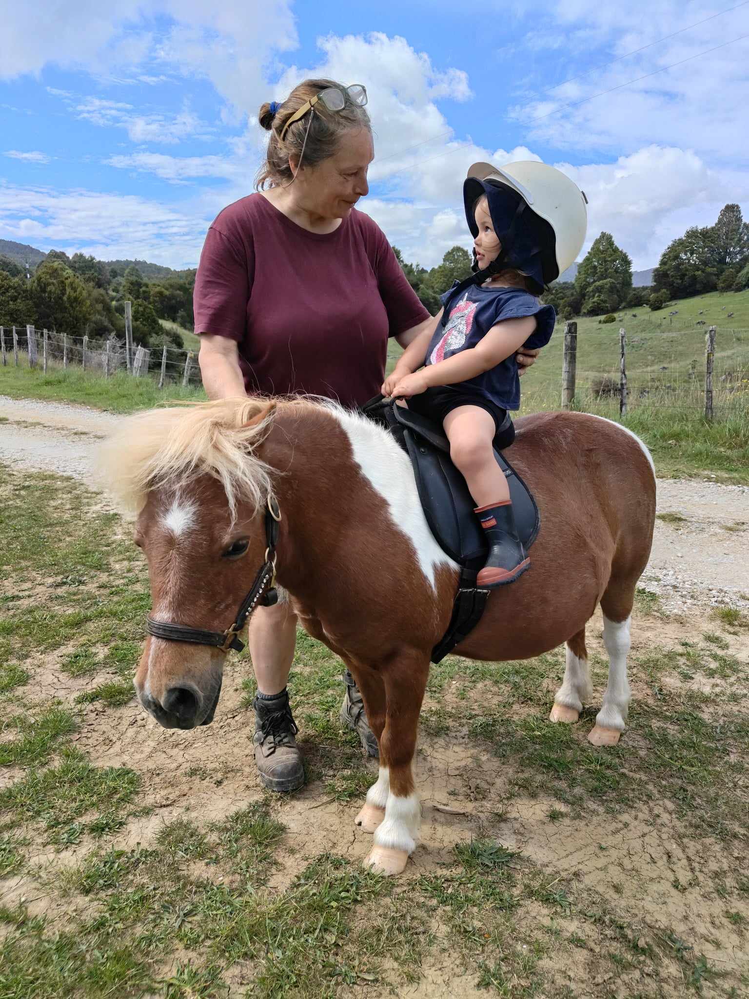A toddler on a miniature pony
